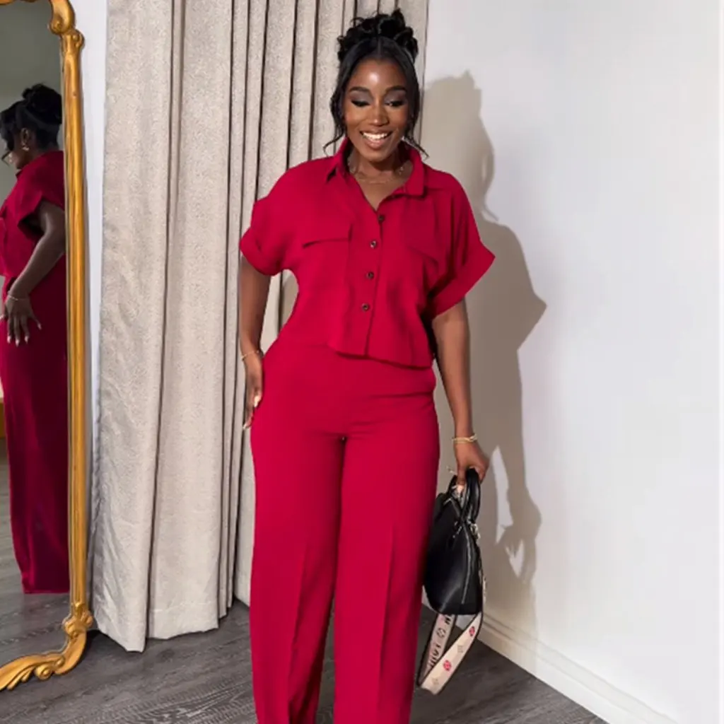 

Women's Summer Fashion Casual Suit High Waist Wide Leg Pants And Short Sleeve Shirt Lapel Design European And American Style