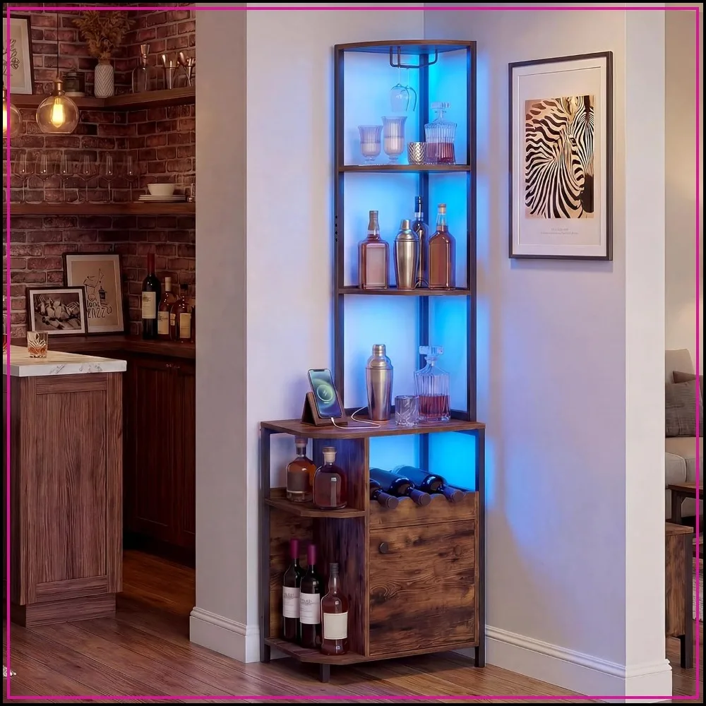 6-Tier Corner Bar Cabinet with LED Lights, Power Outlet, Wine Rack, Glass Holder, Rustic Brown