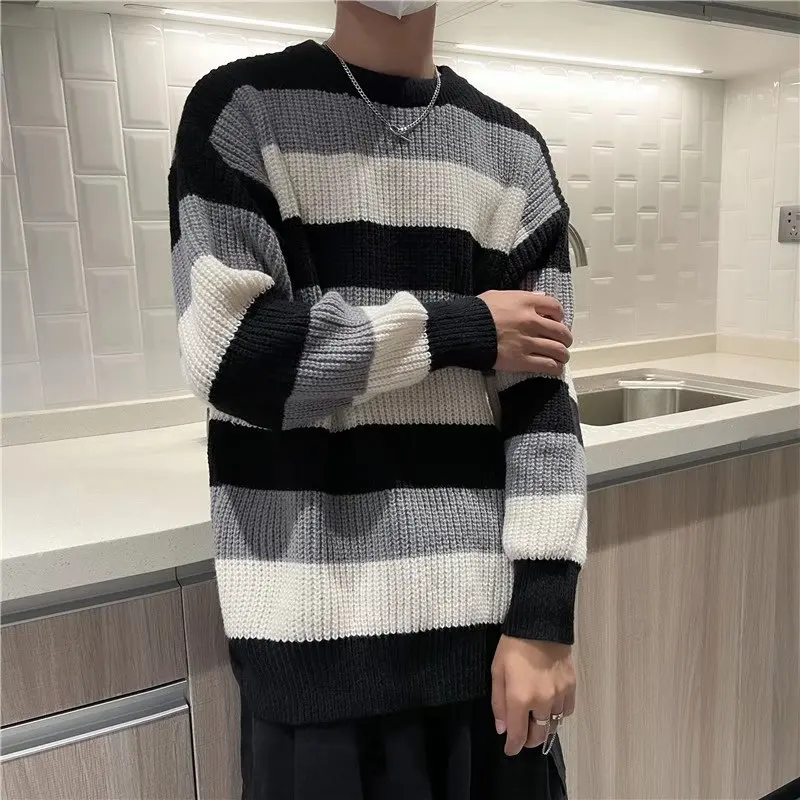 

Loose Fit Color Blo Striped Men's Knitwear Casual Comfortable Polyester Long Sve round Ne Sweater for Autumn Winter