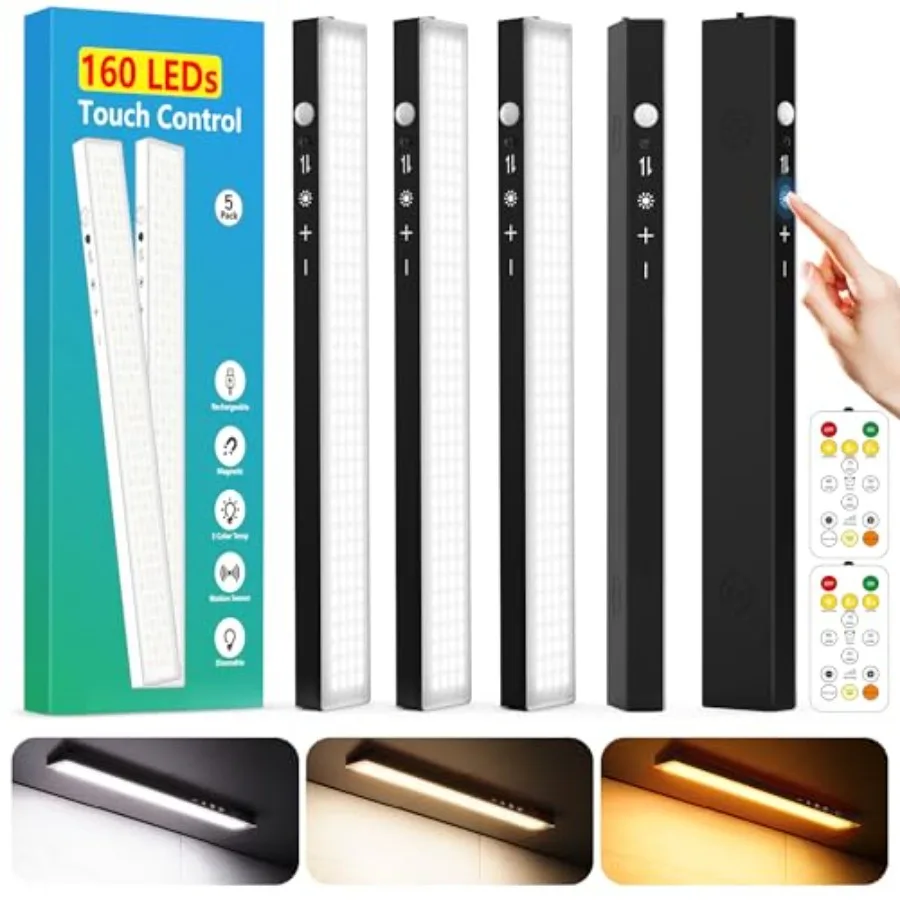 

12inch Touch Control Under Cabinet Lighting, 160LED Super Bright, 4000mAh Long-Lasting, Magnetic Rechargeable Motion Sensor Und