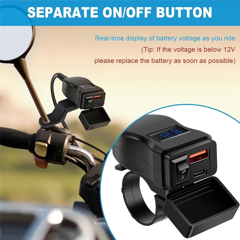 

A20K-Motorcycle USB Charger With Voltmeter USB-A+Type-C Motorcycle Charger Motorcycle Phones Fast Charger