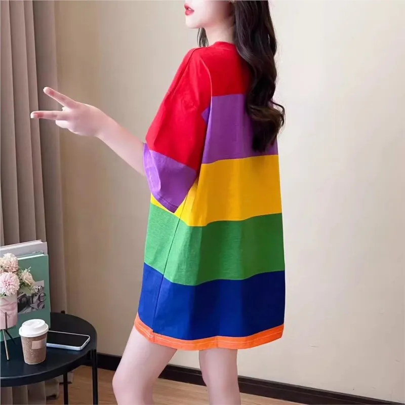 Korean Rainbow Stripes Printed T-shirt Women O-Neck All-match oversized t shirt Fashion Loose Tops Short Sleeve t shirts NS5857