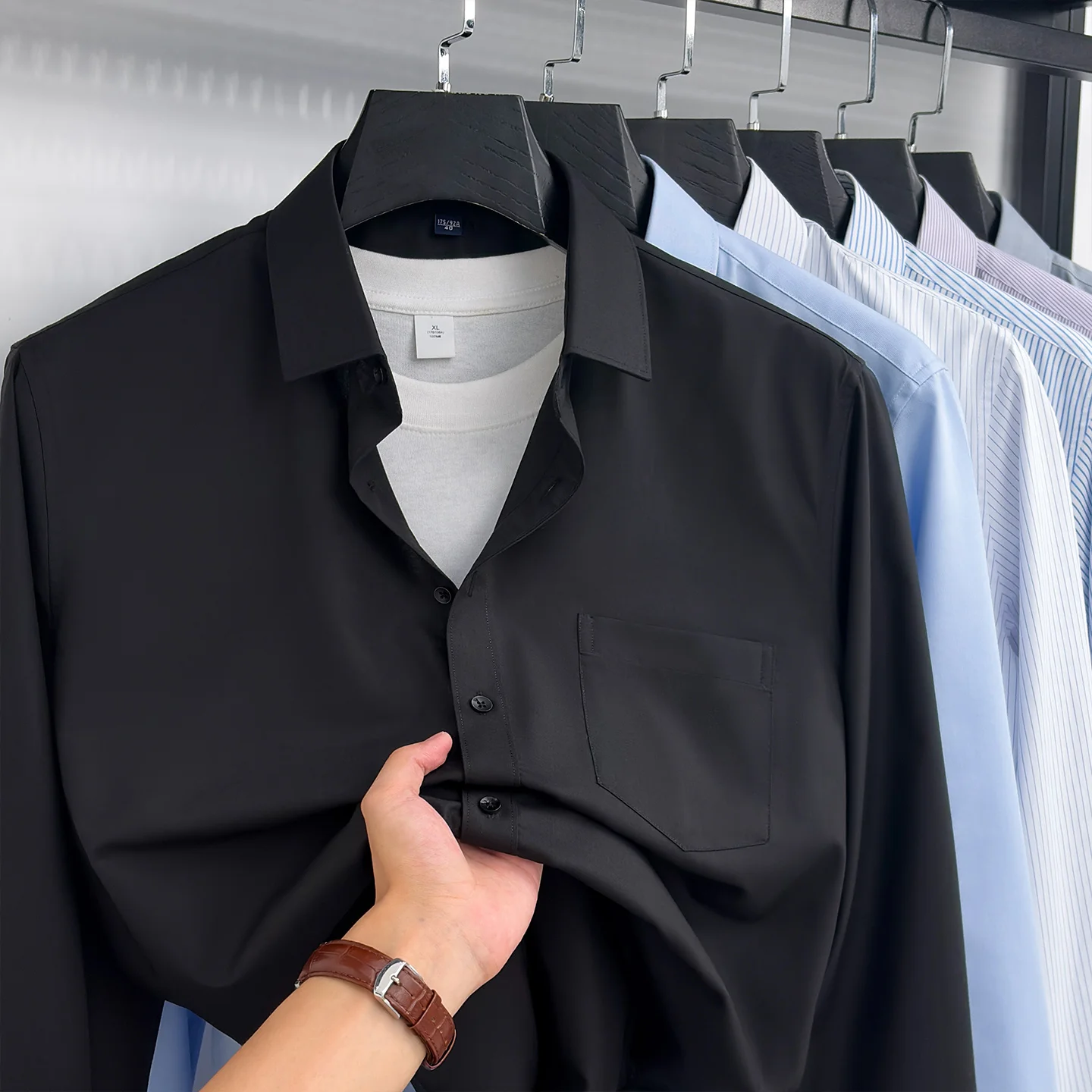 Premium Men's Dress Shirt Long Sleeve Casual Non-Iron Business Formal Shirts Single Pocket Wrinkle Free Solid Stripe Office