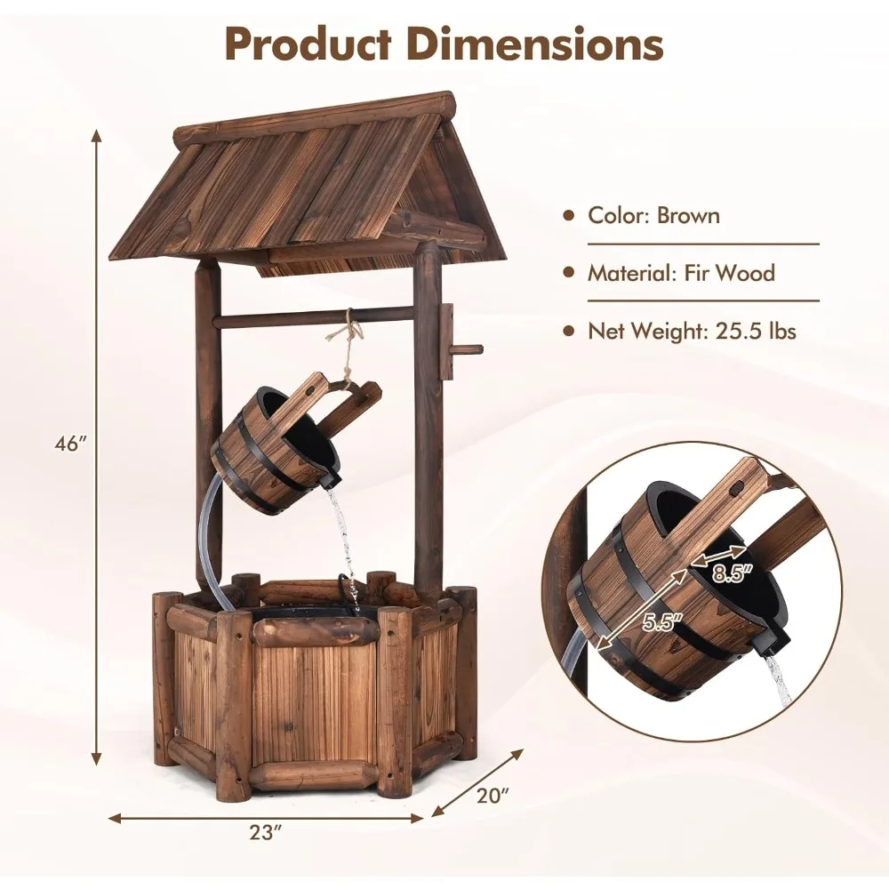 Outdoor Wishing Well Water Fountain, Old-Fashioned Wood Waterfall Fountain with Bucket Pump, for Garden Backyard, Bird Bath