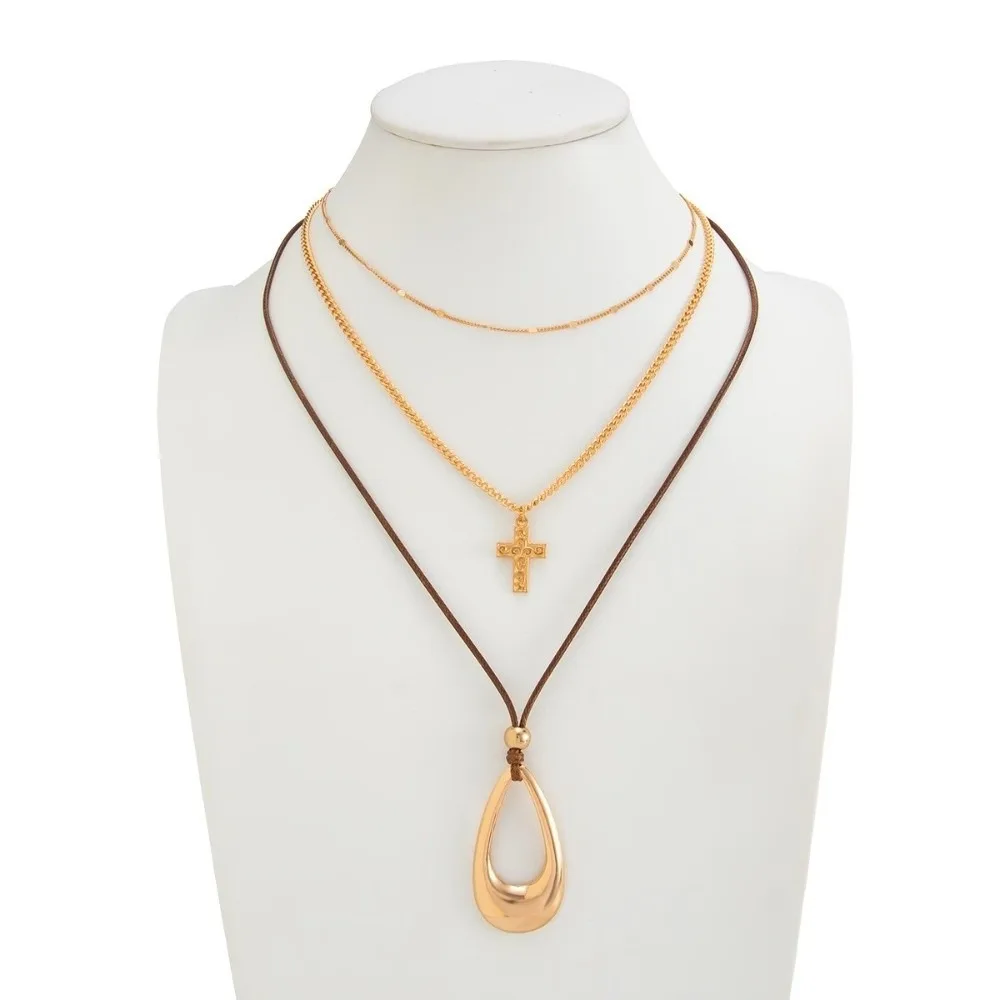 New Cross Charm Layer Necklace Wax Cord Pull Adjust Pendant Chain Vintage Style Teardrop Hollow Cross Charm Vacation Look