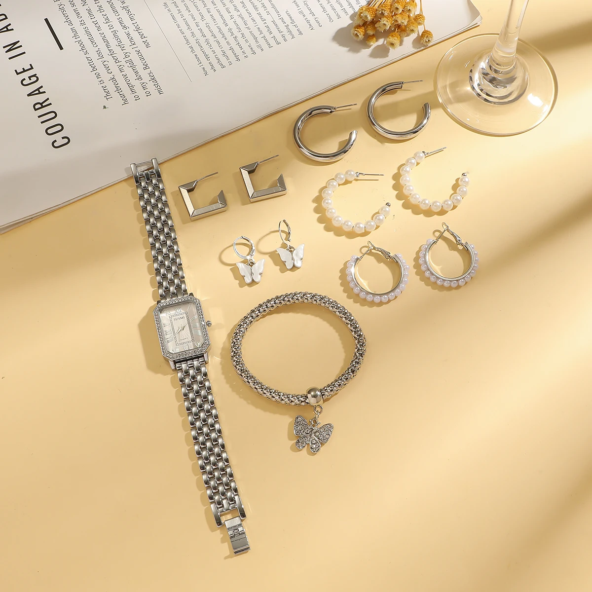 قرص كوارتز نسائي عصري وبسيط مربع صغير مع حزام فولاذي مكون من 12 قطعة، مناسب لعيد الميلاد والهالوين #5