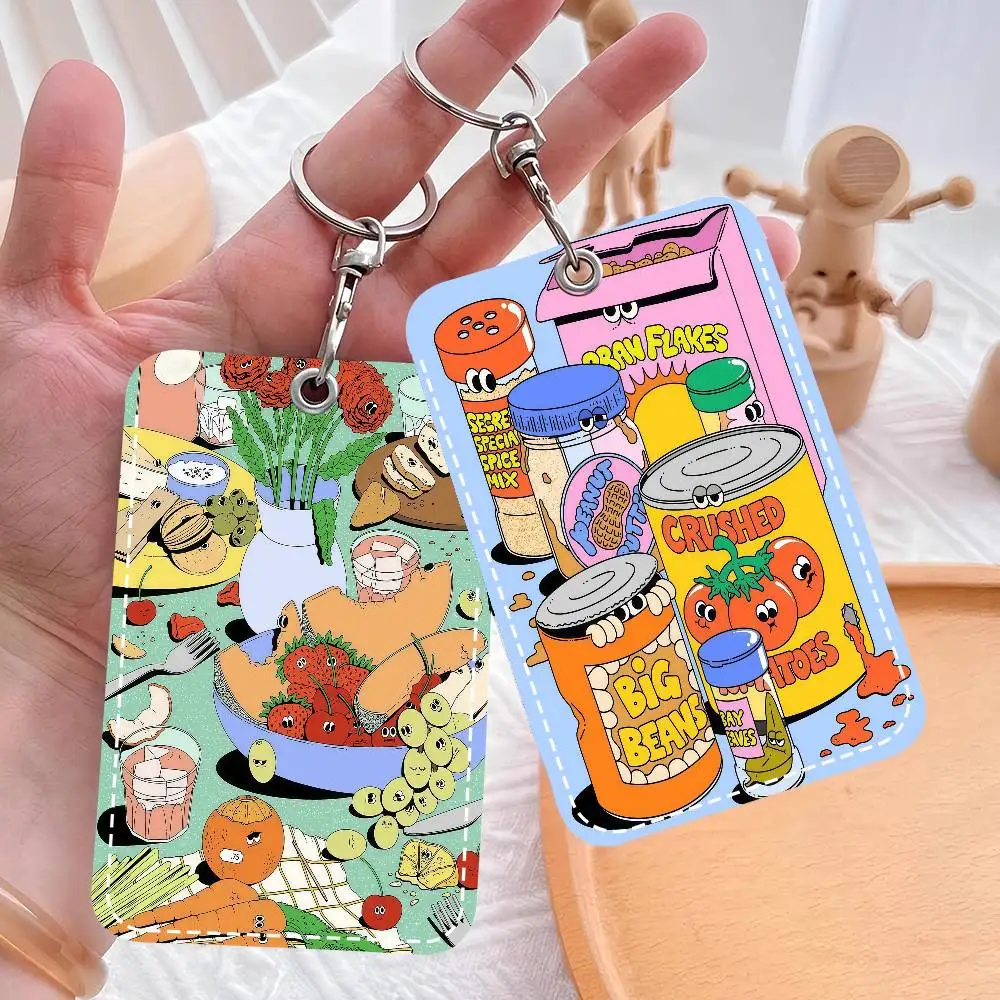 

Lauren Martin Cartoon Food Painting Versatile Leather Card Holder Compact Keychain Wallet For All Small Cards