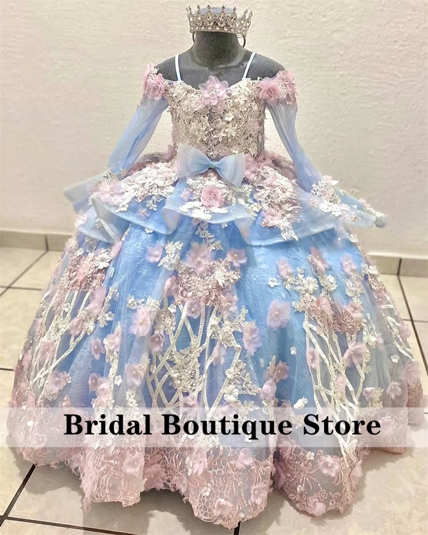 

Luxury Blue Flower Girls Dress Long Sleeves Beading Crystals Ball Gown Flowers Bow Pearls Baby Birthday Party Gown Customized