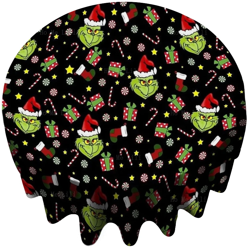 Merry Christmas Candy Cane Snowflakes And Stars Stocking Gift Festival Polyester Round Tablecloth