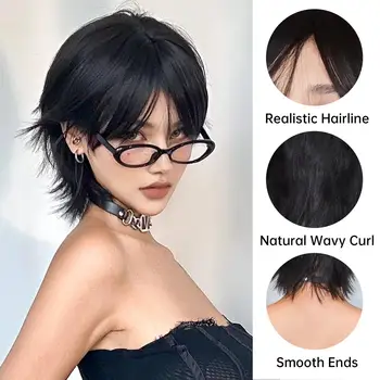 12 inch short salmon head wig with bangs, women's short straight black synthetic wig,…