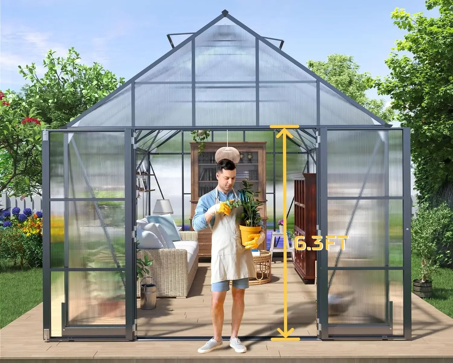 10x16x10/12x10x10 FT Polycarbonate Greenhouse Double Swing Doors 4 Vents 6.3FT Added Wall Height, Walk-in Large Aluminum Sunroom