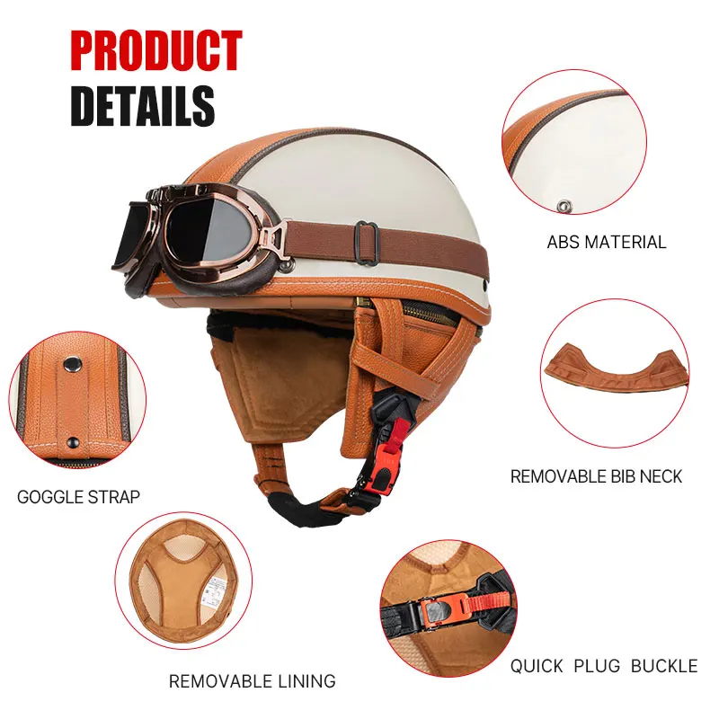 Retro Half Face Motorcycle Helmets Vintage Low Profile Open Face Helmet Leather DOT Approved Men Women Motorbike Scooter Helm