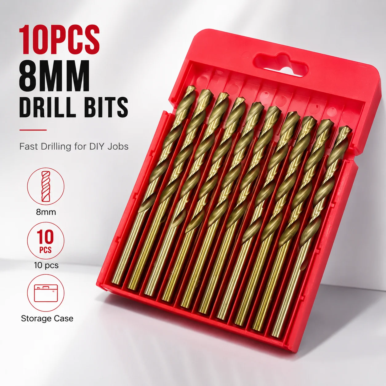 10Pcs 8mm Titanium Coated  Twist Drill Bits, Sharp Straight Shank Drill Bits for Metal Wood Plastic with Portable Storage Case
