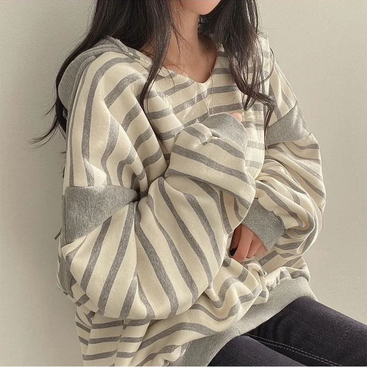 Summer Autumn Thin Spliced Street Loose Hoodies Striped T-shirt Women\'s New Long-sleeved Top Fashion Elegant Retro Shirt Top