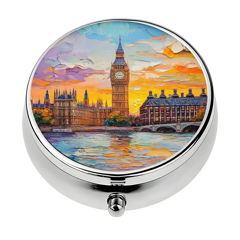 London sunset view three-compartment pill box, mini pill container, pill organizer, unique travel gift