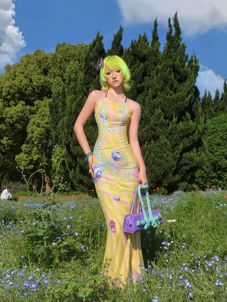 ReddaChic-vestido largo con estampado geométrico de craquel de perlas en 3D para mujer, vestido Retro de tartán Y2k con espalda abierta, trajes de Festival de concierto de verano