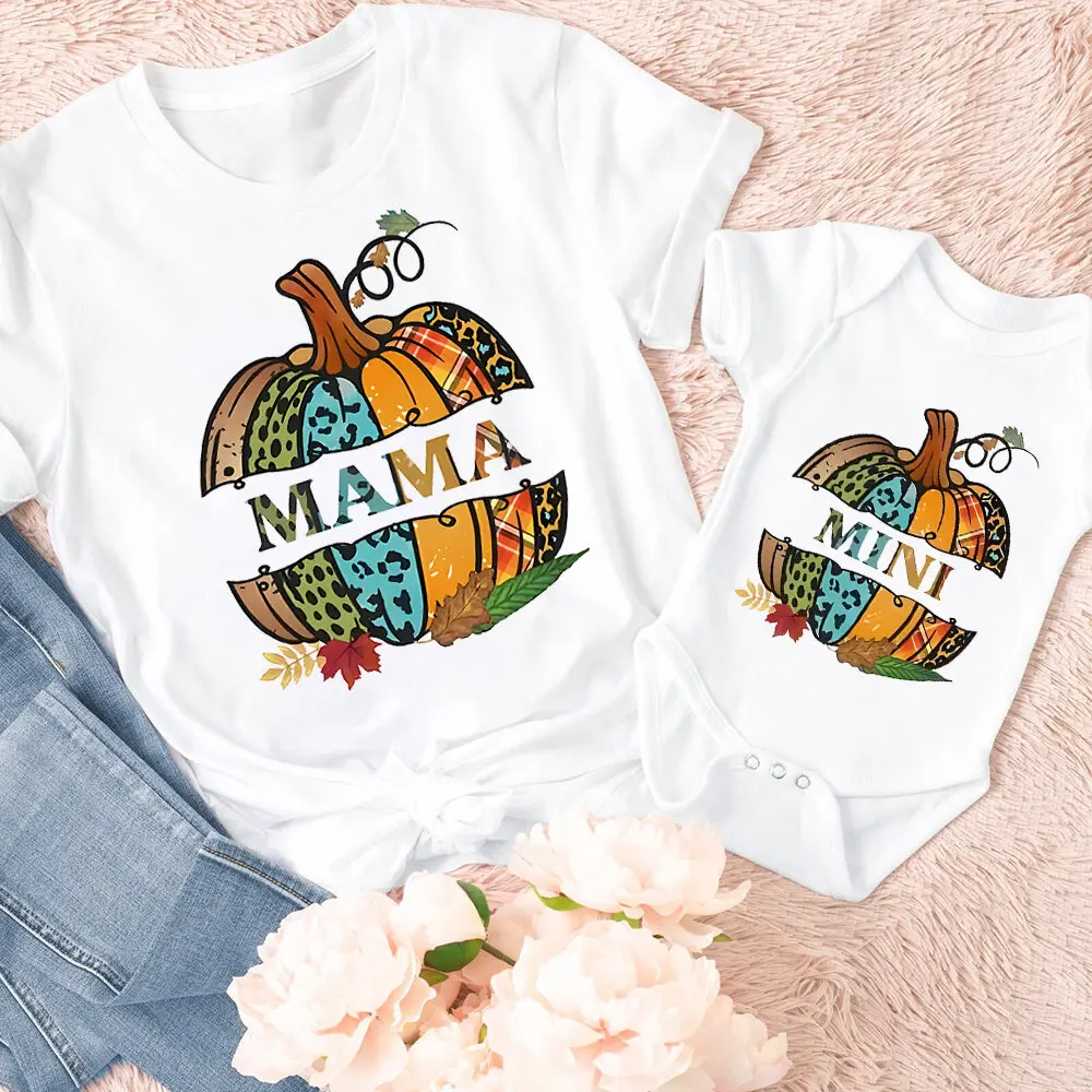 2pcs Colorful Pumpkin MAMA MINI Series T-Shirt Family Print Design Shirt and Romper Family Matching Clothing