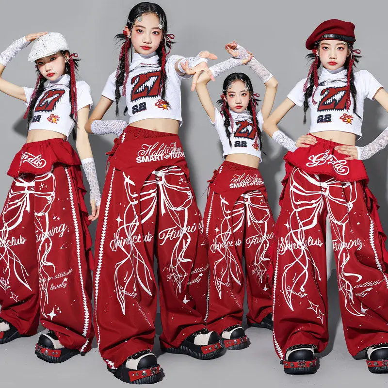 

2026 New Children Jazz Dance Costume Girl Kpop Outfit White Crop Top Red Hip Hop Pants School Show Performance Clothing AMY3485