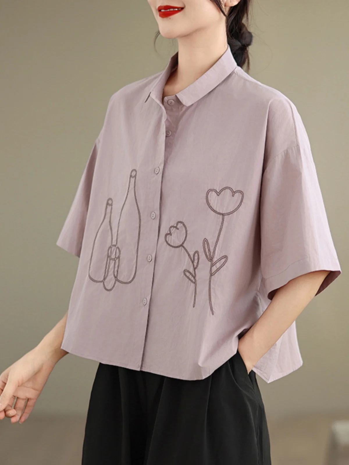 

Loose Casual Faionable Large Size Embroidered Pure Cotton ort Sve irt Slimming Loose Versatile Women's Trendy Top