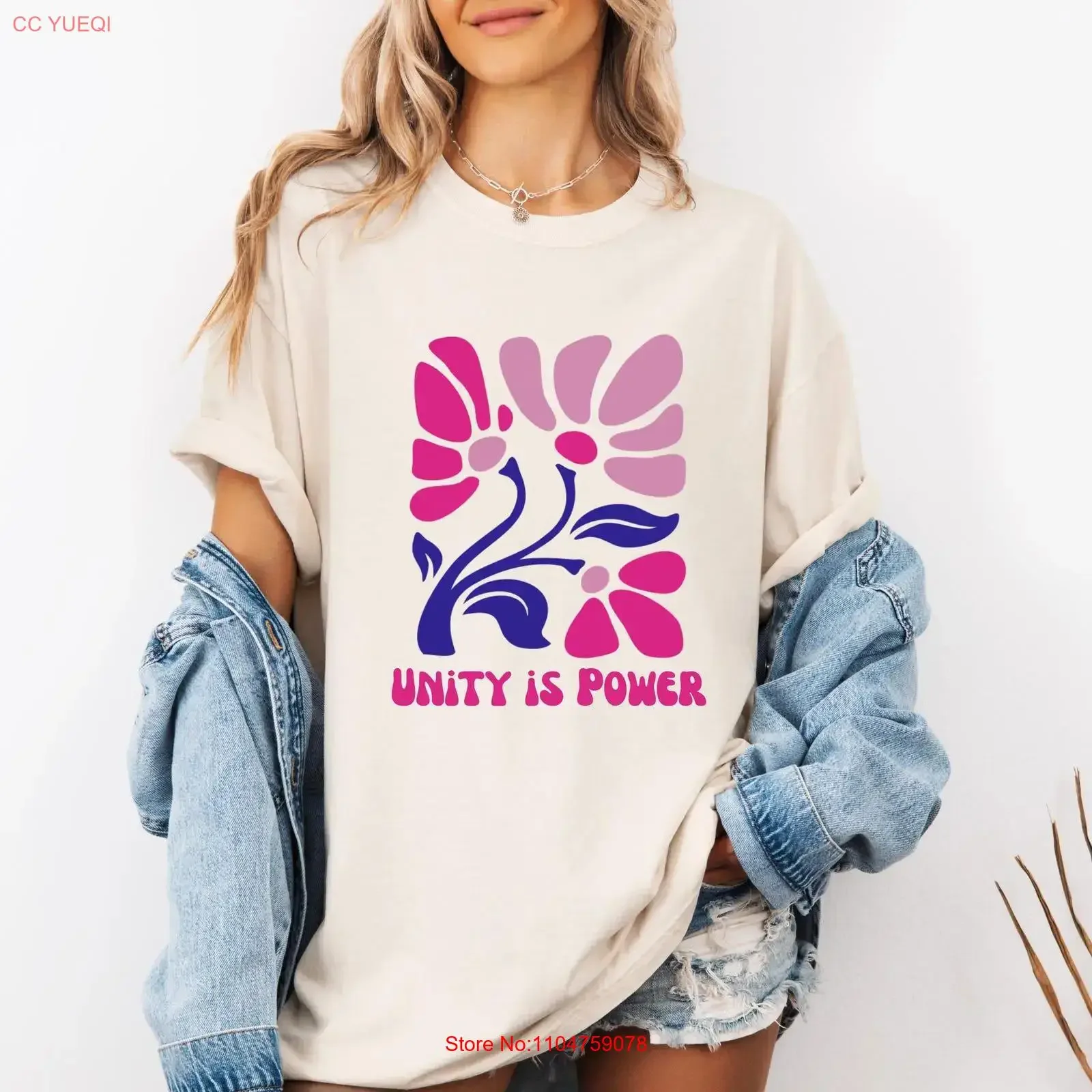 T-shirt « Unity Is Power » rétro, fleurs, féminisme, justice sociale, style années 70, vintage, délavé, mode homme, extensible