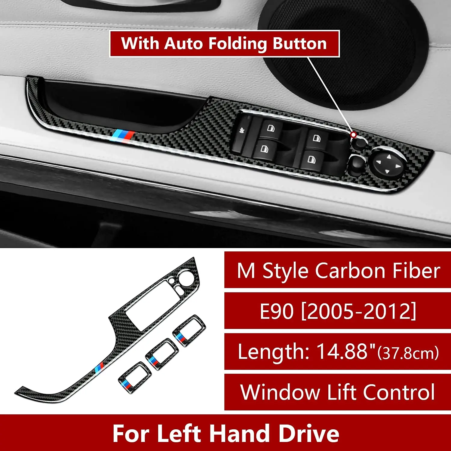 

Car Window Lift Trim Switch Panel Sticker Decal Carbon Fiber Trim fits for BMW 3 Series E90 (14.88", with Auto Folding Button)