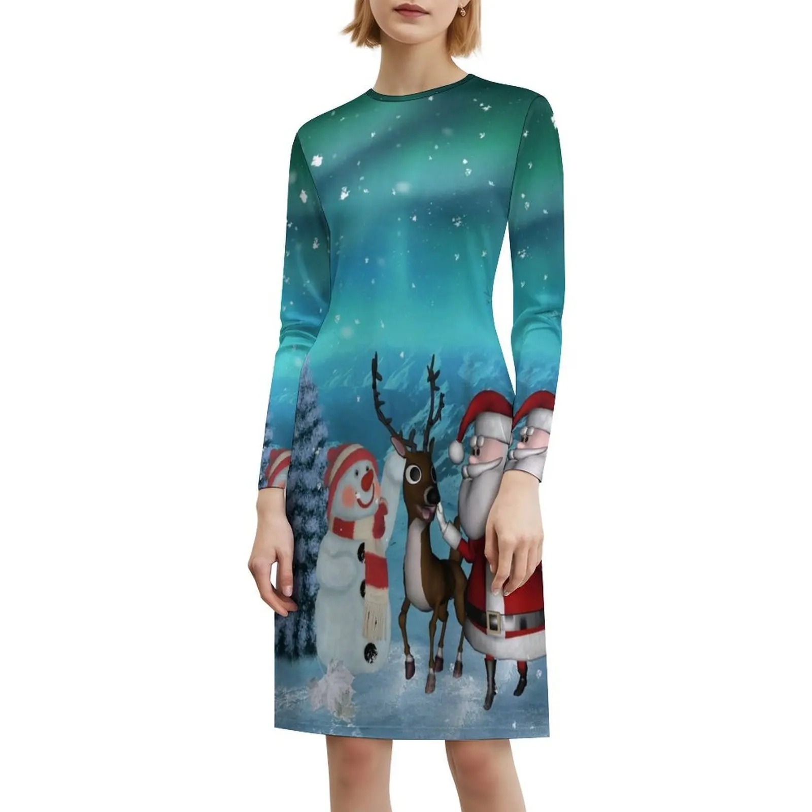 فستان سانتا كلوز اللطيف مع حيوان الرنة ورجل الثلج على شكل قلب فستان أنيق للحفلات الصيفية للنساء رجل ثلج عيد الميلاد #6