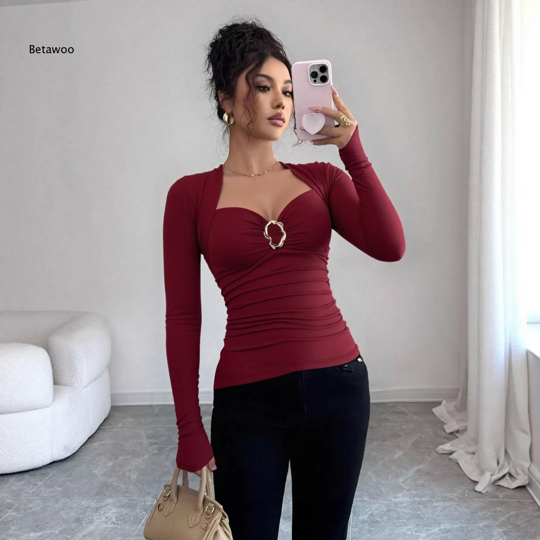 Womens Red Cutout Metal Ring Decor Ruched Long Sleeve Slim Fit Top