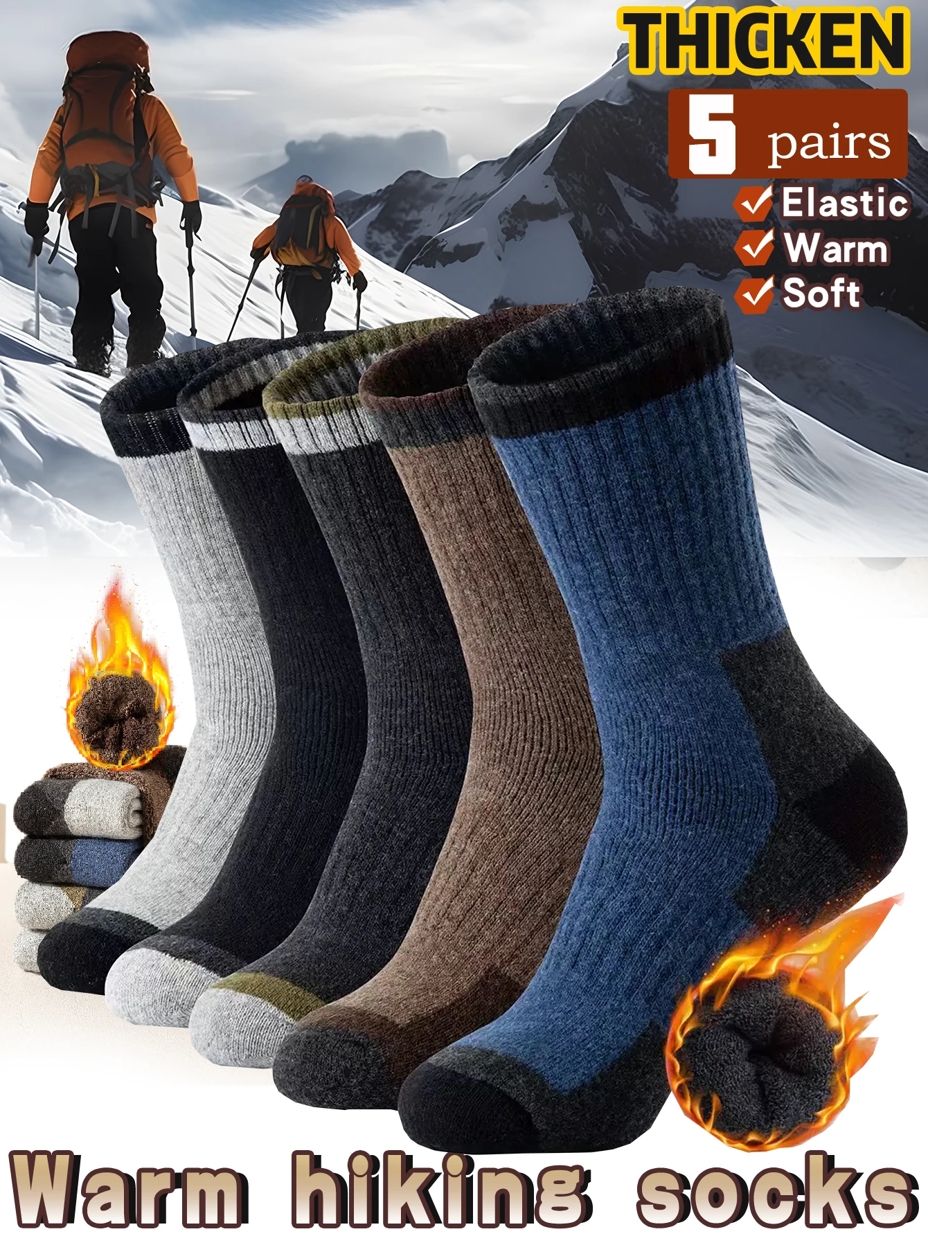 

5 Pairs Men's Thickened Towel Socks for Hiking Sports Winter Warm Thermal Mid-calf Fleece Lined Retro Style