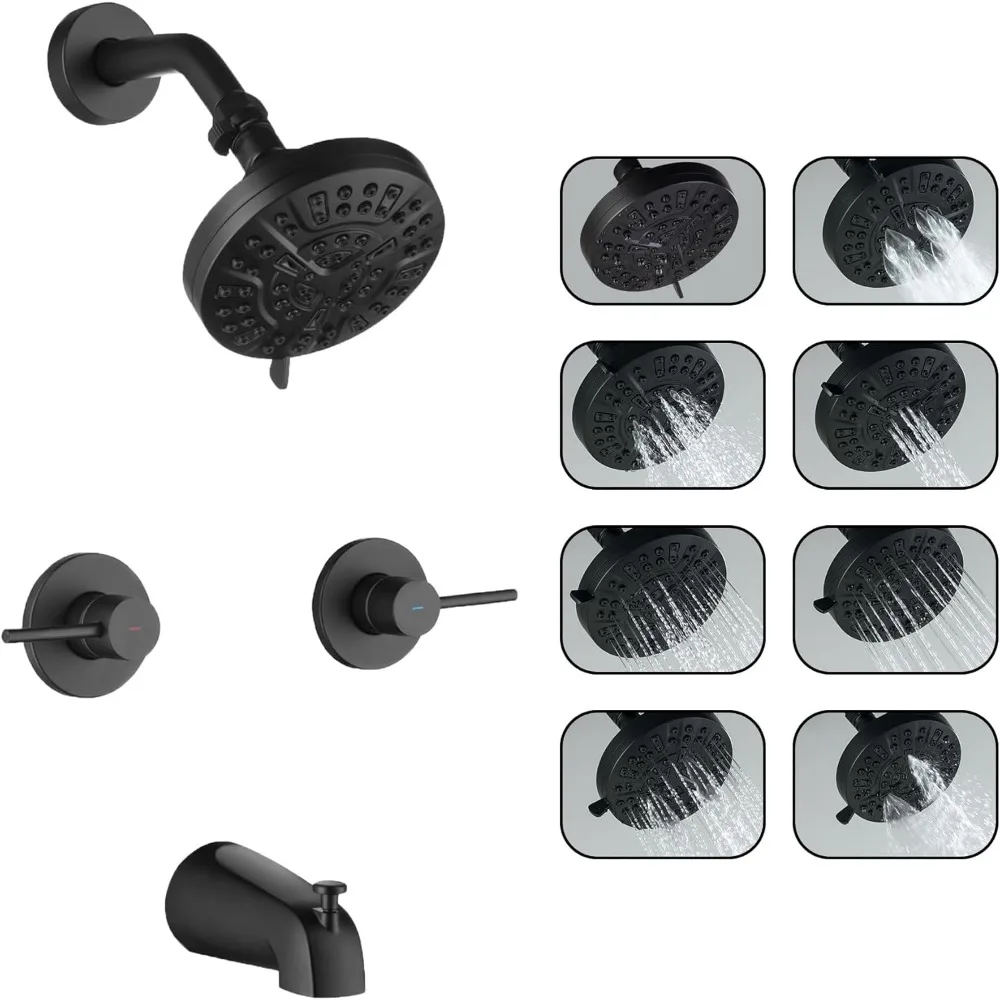 マットブラックの壁掛け式二ハンドルシャワー水栓セット（浴槽用注ぎ口付き）