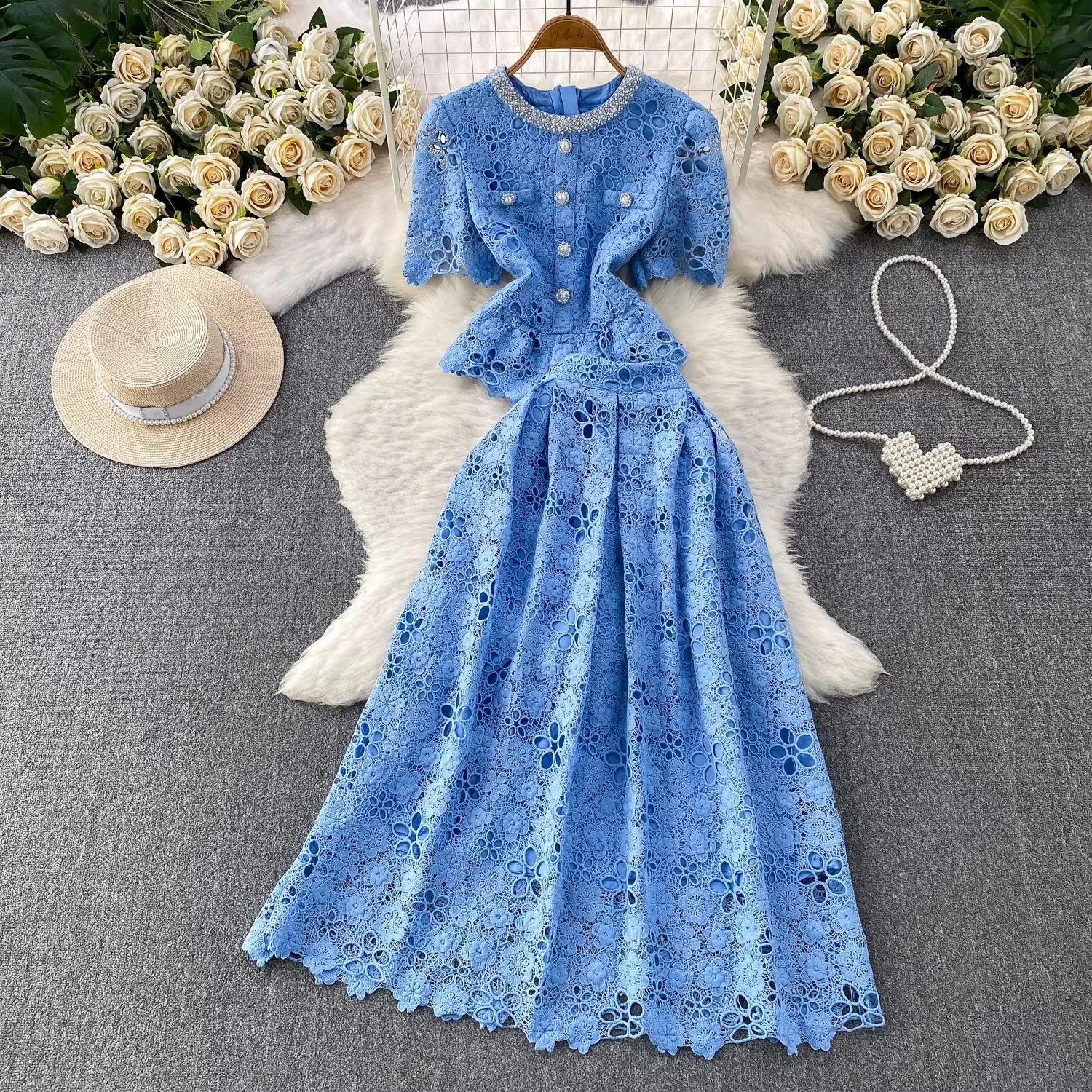 

Office Lady Work Wear Elegant Long Hollow Out Lace Dresses Women 2 Piece Sets Embroidery Hook Tops Pencil Midi Skirts Suits