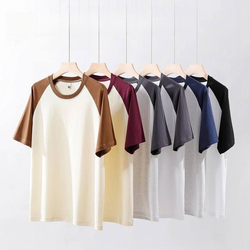 230G Threaded Cotton Shoulder Plug Contrasting Color Splicing Round Neck Loose Short Sleeve Comfortable T-shirt