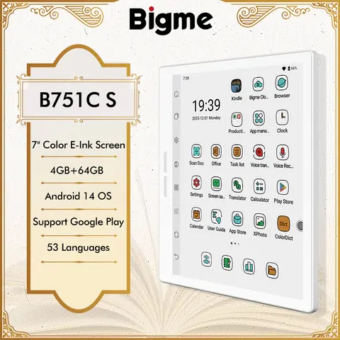Bigme B751C S Color E-ink E-Reader, 7'' Eye-Comfort 36-Level Front Light Electronic Book, 4+64GB, Android 14, Paper-Like eBook