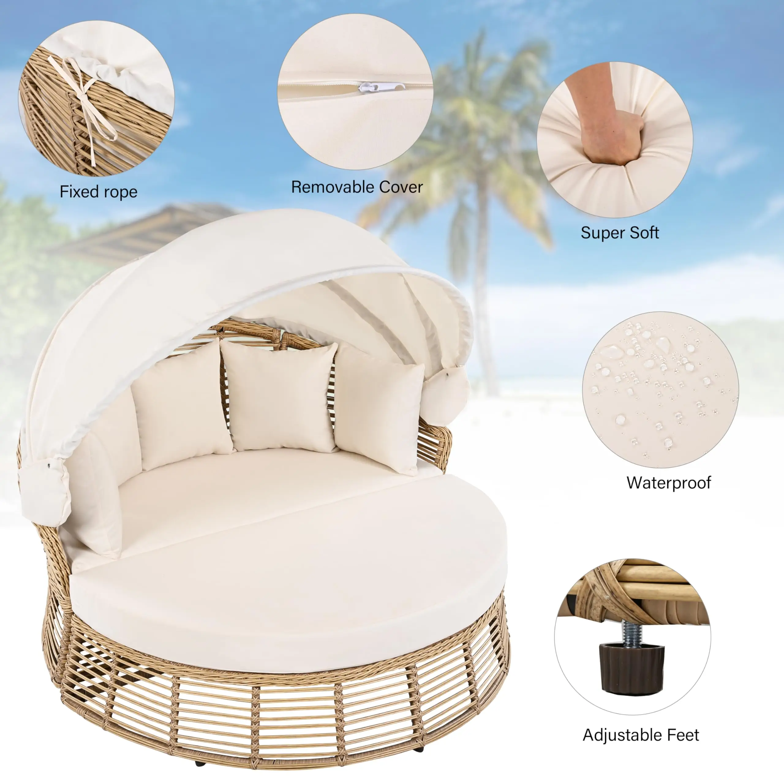 Outdoor Chaise Lounge Daybed for Outside Patio Furniture Wicker with Retractable Canopy Recliner Yellow Rattan
