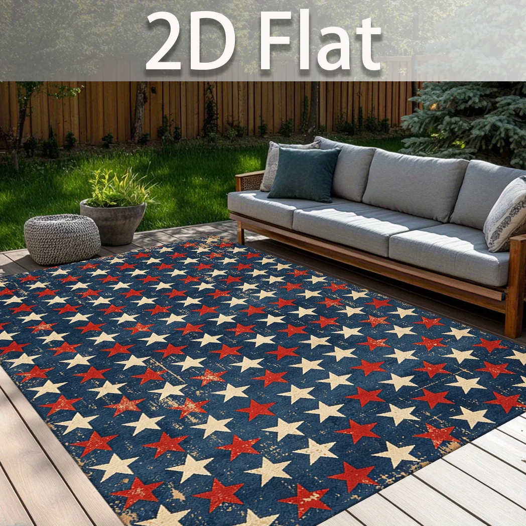 1pc 2D Flat Vintage Red‑White‑Blue Five‑Pointed Star Pattern Rectangular Non‑Slip Decorative Area RugIndependence Day Home Decor