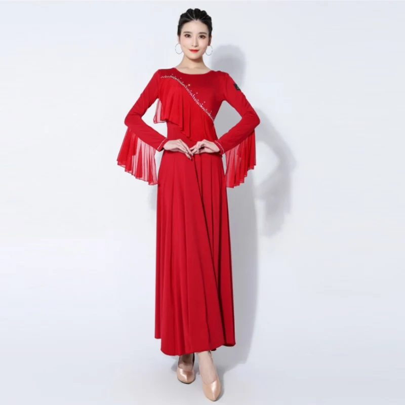 Ballroom Dance Dress Women Black/Red Ruffle Sleeve Long Dress Tango Dancing Clothes Adult Waltz Competition Costume VDB6599