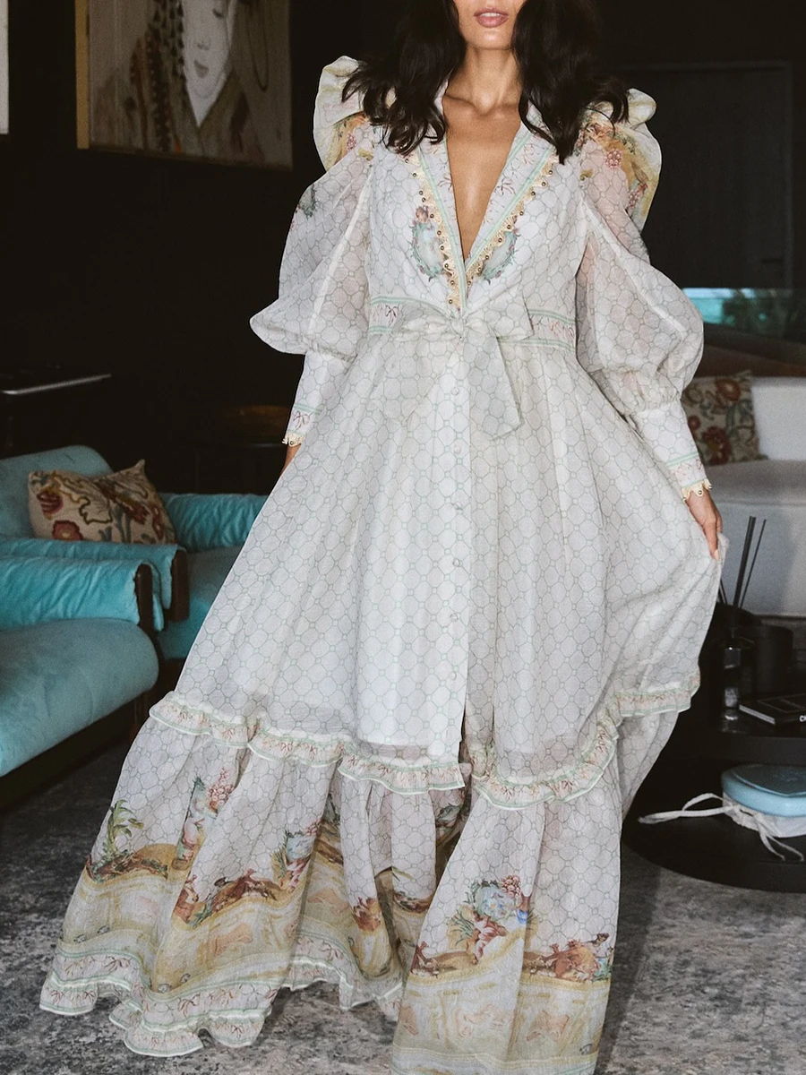 เดรสผ้าโปร่งลายสก็อตสไตล์ฝรั่งเศสย้อนยุค VGH สำหรับผู้หญิง ปกเสื้อแบบปกเชิ้ต คอวี แขนยาว ตัดต่อผ้าหลายชั้น ดีไซน์หรูหรา ยาว สำหรับฤดูใบไม้ร่วง