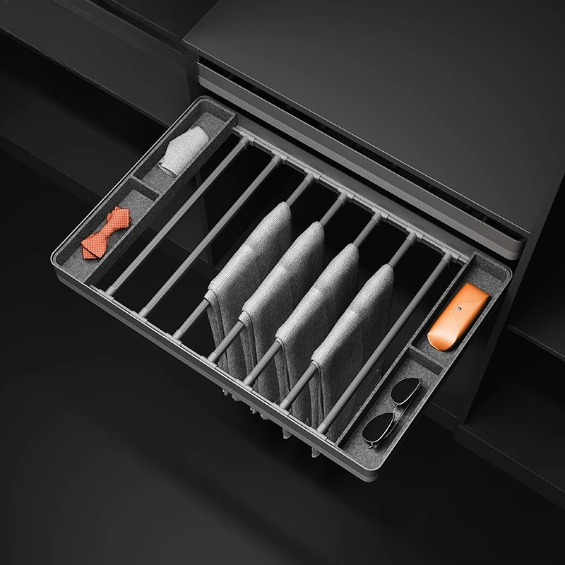 ワードローブプッシュプルパンツラック クロークルーム内蔵伸縮式パンツラック 多機能緩衝ダンピング衣類収納バスケット