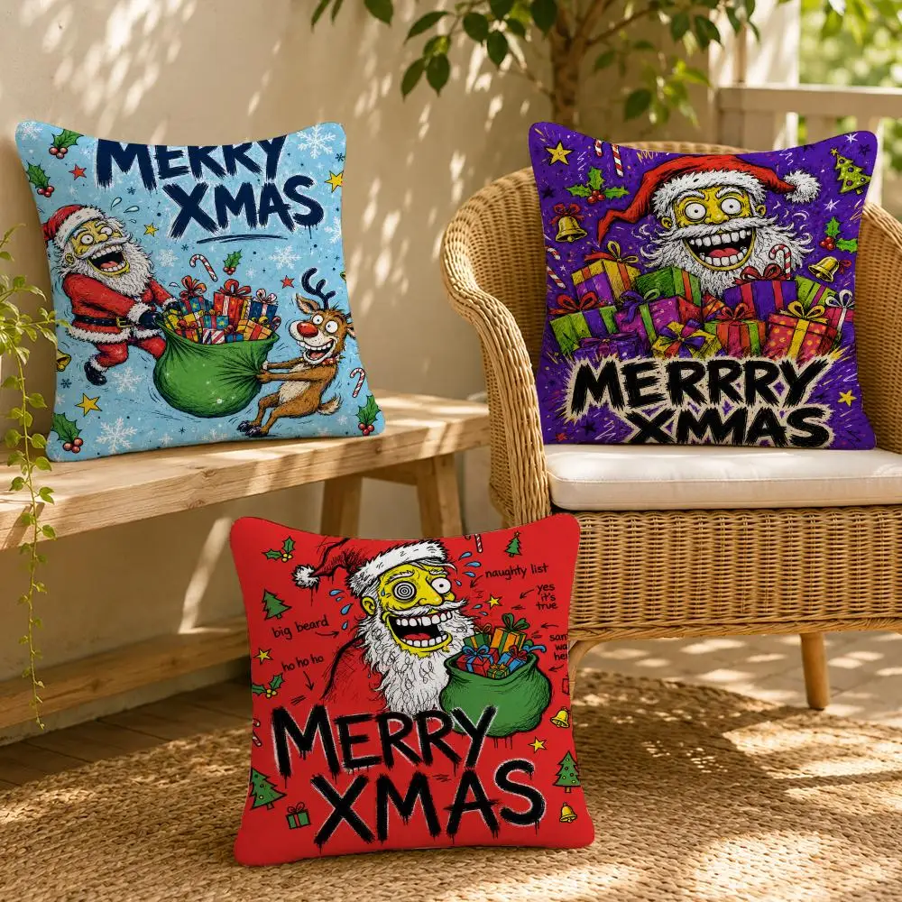 Fun Monster Merry Christmas Cushion Cover Washable Soft Plush Cushion Cover Square Pillow Case for Sofa Couch Bed