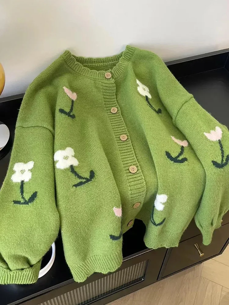 

Floral Sweet Green Cardigan Women Long Sleeve Vintage Cute Knitted Sweaters Korean Retro Casual Female O Neck Fall Tops Jackets