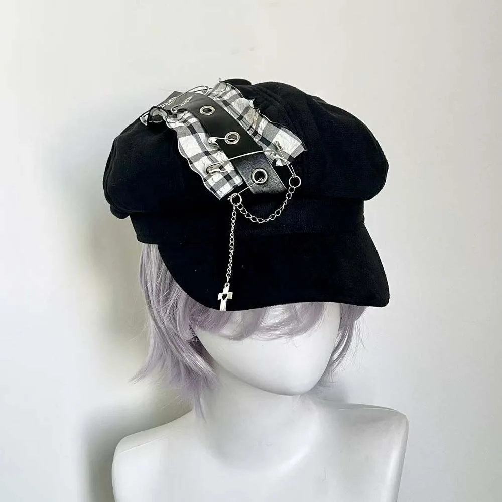 

Милая готическая кепка в стиле Харадзюку с цепочкой и крестообразной булавкой, модная субкультура Y2k, эстетические женские шляпы в стиле Лолиты в стиле панк