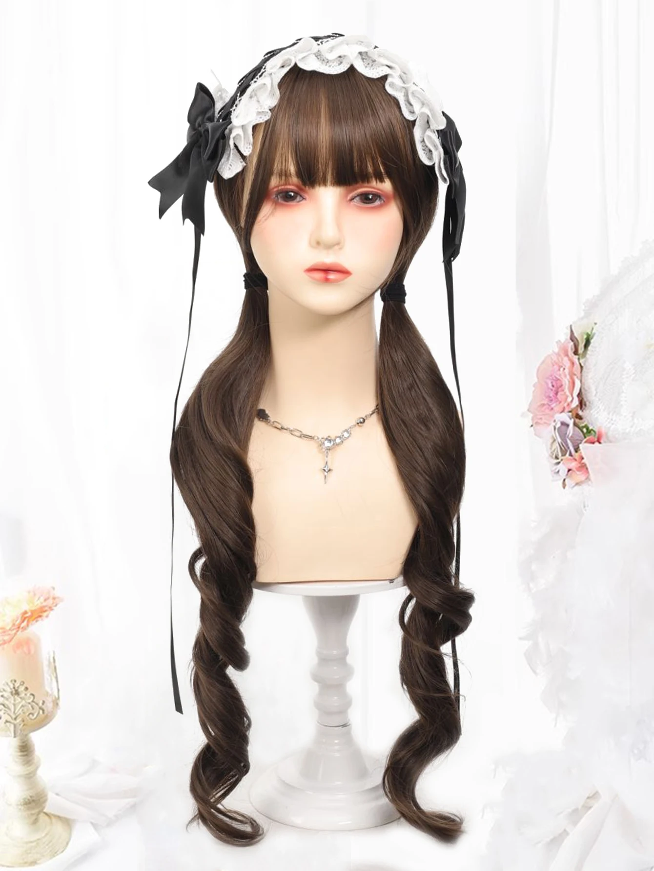 LM 30inch Brown Long Wavy Double Pigtail Lolita Wig Cute Cosplay Wig With Air Bangs For Girls Sweet Styling
