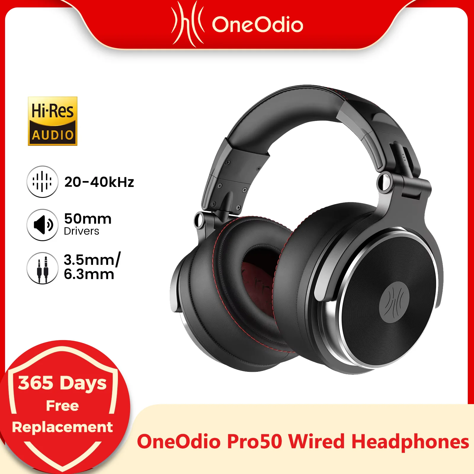 OneOdio Pro 50 Wired Headphones Hi-Res 50mm Drivers Studio Monitoring Music Headset Balanced Sound Memory Foam Ear Pads Sharing