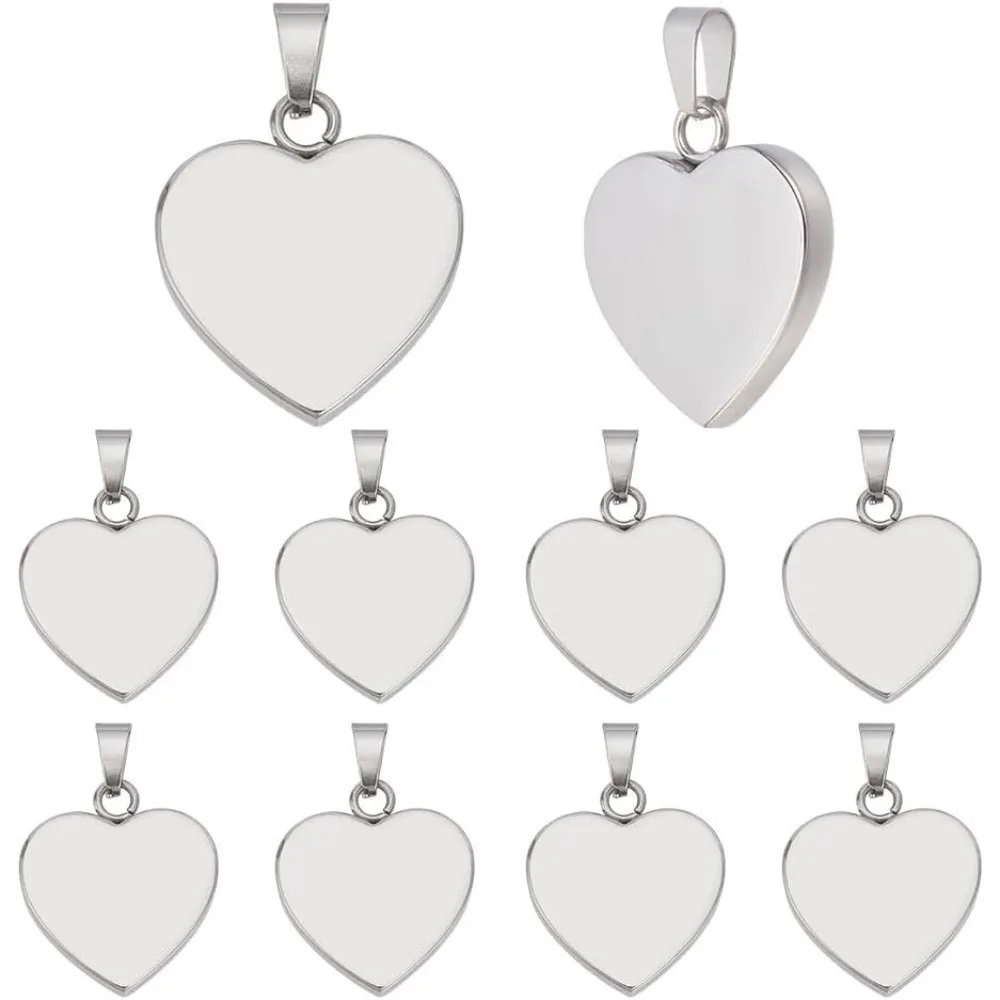 

10pcs 304 Stainless Steel Heart Pendants Charms Blank Stamping Tags with Hole for Necklace Bracelet Earrings Pet ID NameTags DIY