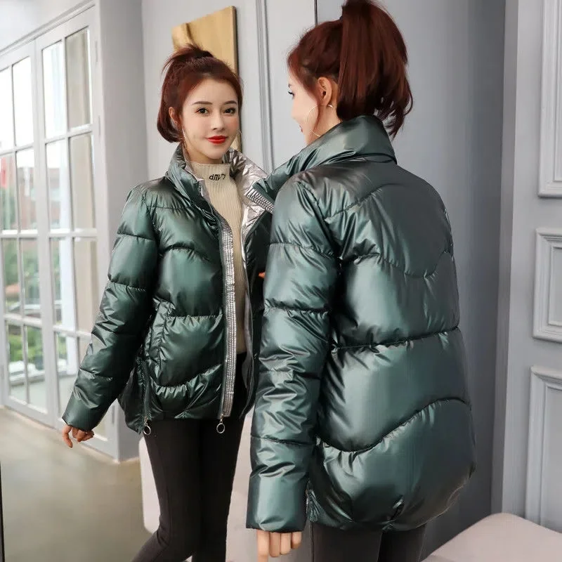 Women Parkas Winter Jacket 2022 New Long Sleeves Thick Warm Coat Glossy Casual Female Cotton Padded Jacket Puffer Parka Outwear