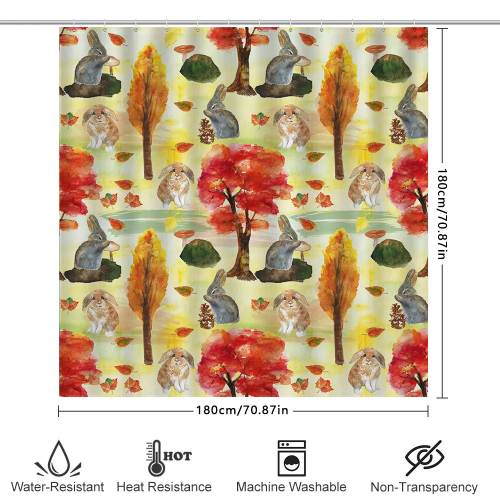 Vivid Fall Forest Animal Print Shower Curtain Rabbit, Maple Leaf Mushroom Design for Bathroom Decor
