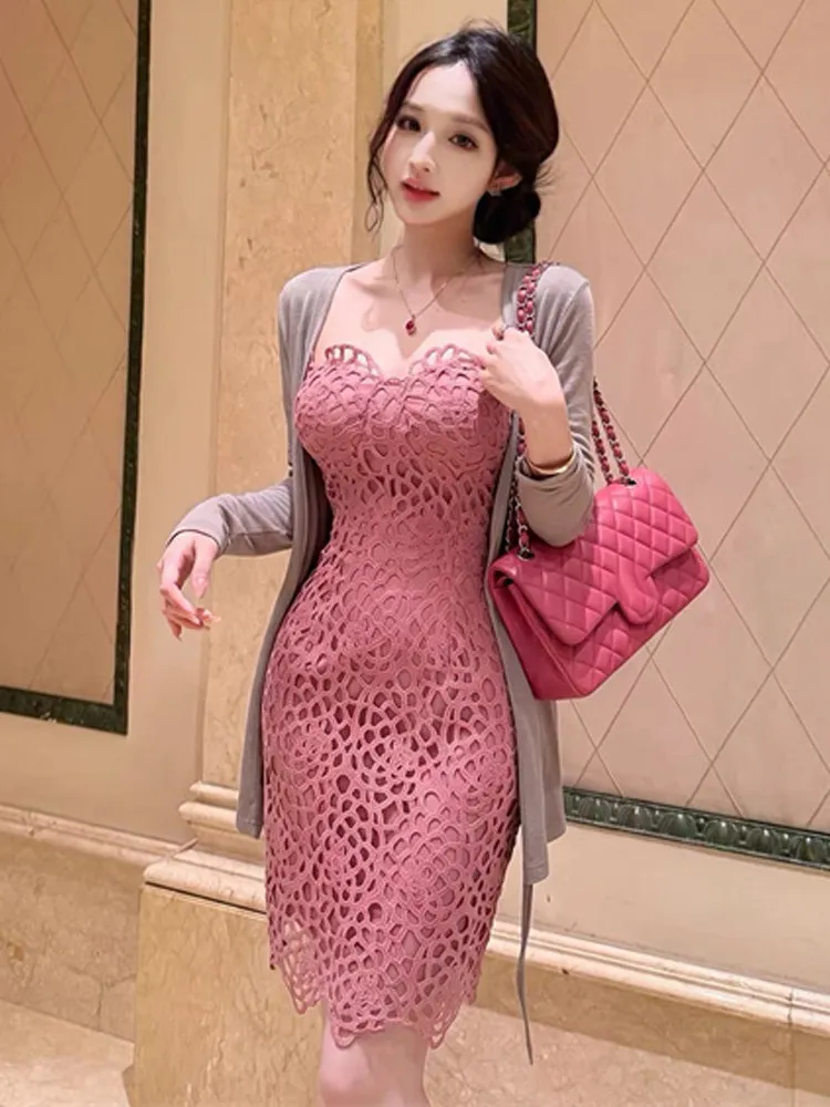 Sexy Heavy Embroidery Hollow out Low Cut Slimming Lace Tube Top Dress Long Sleeve Open Cardigan Two Piece Set Women's Fashion