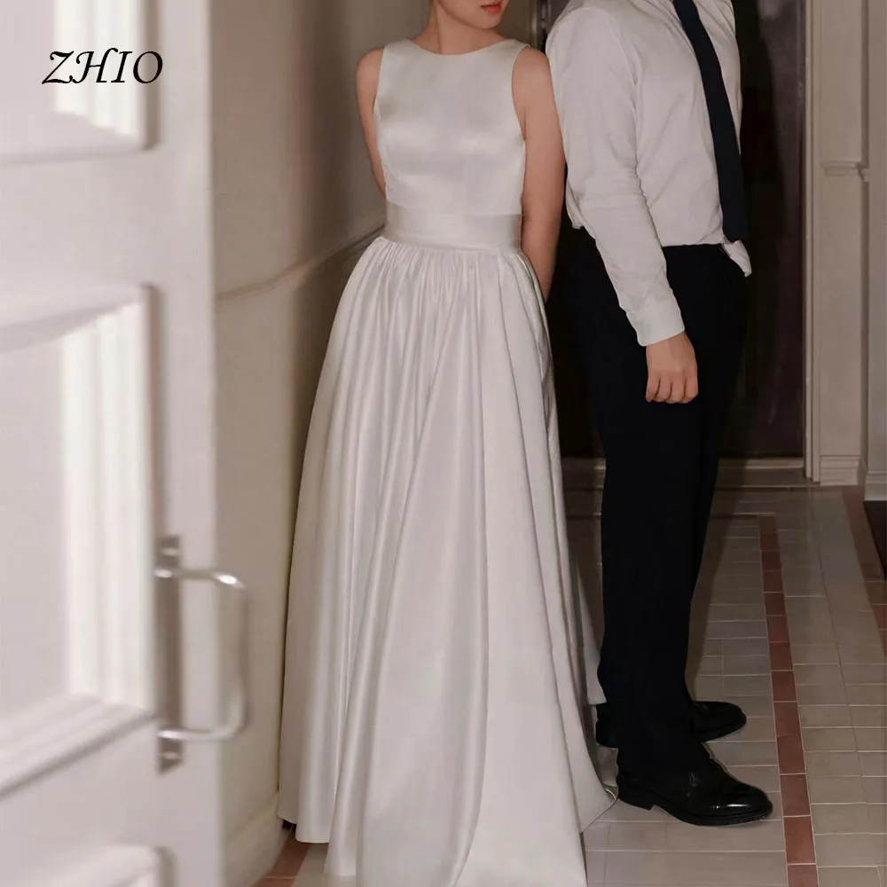 ZHIO 우아한 화이트 새틴 웨딩 파티 드레스 O넥 드레이프드 A라인 한국 포토 촬영 신부 드레스 이브닝 드레스 맞춤 웨딩드레스