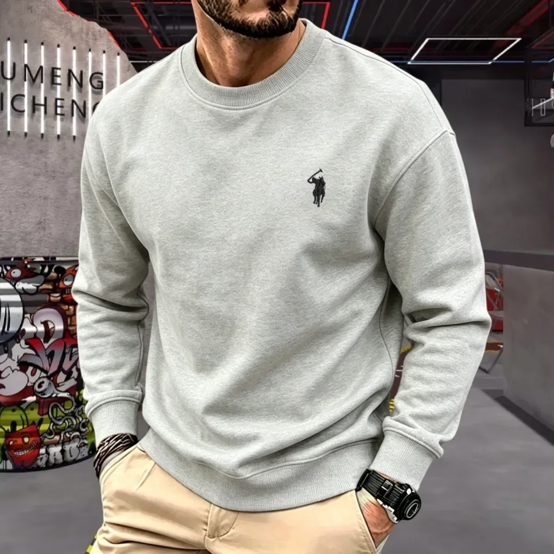 Men Crew Neck Sweatshirt Classic Horse Rider Embroidery Long Sleeve Pullover Autumn Winter Solid Color Casual Tops Men