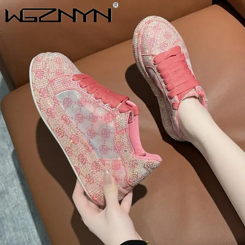 

2023 Summer Net Shoes Fashion Rhinestones Women's High-Quality Sneakers Thick Soles Comfortable Casual Breathable Non-Slip Shoes