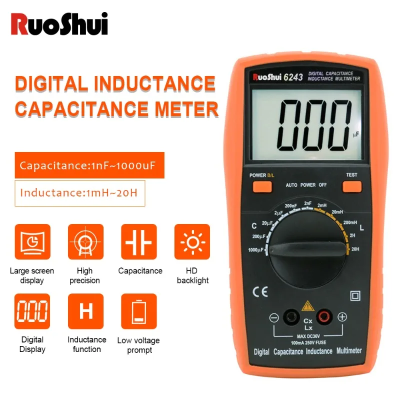 RuoShui 6243 Digital Capacitance LCR Meter Handheld Capacitor Transistor ESR Tester LCD Backlight Diode Capacimetro Multimeter